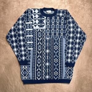 Vintage 80s Nan Dorsey Argyle Diamond Geometric Knit Sweater Blue Long Sleeve
